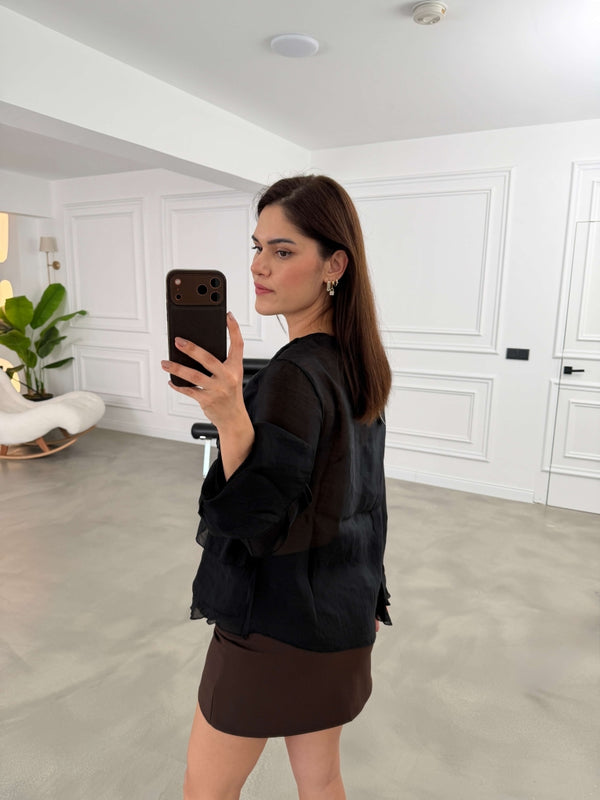 Siyah Fırfırlı Transparan Bluz 5049-Siyah