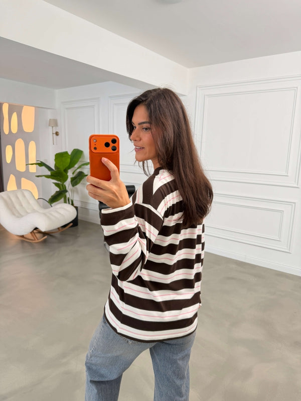 Kahverengi Çizgili Bisiklet Yaka Sweat 26357-Kahverengi