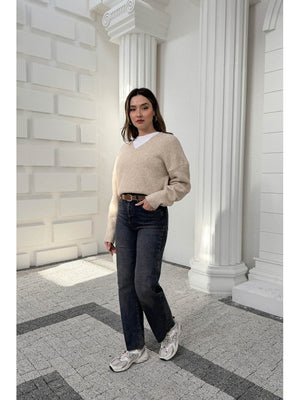 Kahve Yıkamalı Mavi Kesik Paça Kermerli Jean AK102-Mavi