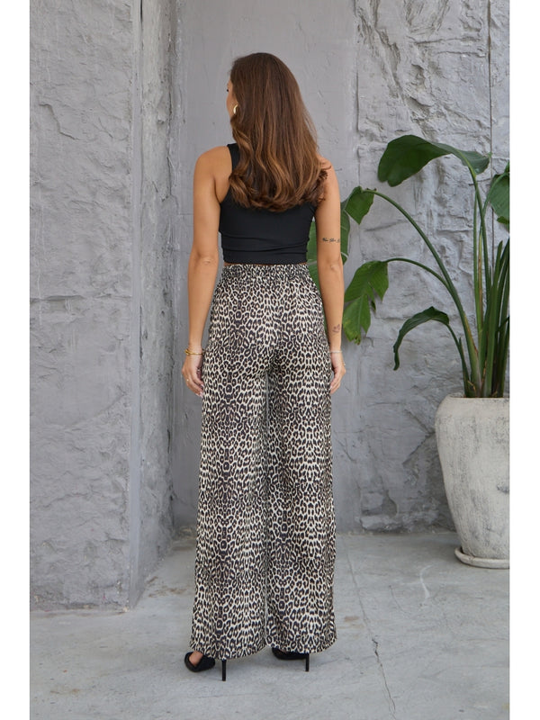 Leopar Beli Bağcıklı Saten Pantolon