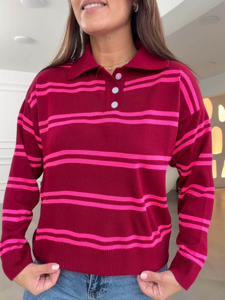 Pembe Çizgili Polo Yaka Triko 0548-Pembe