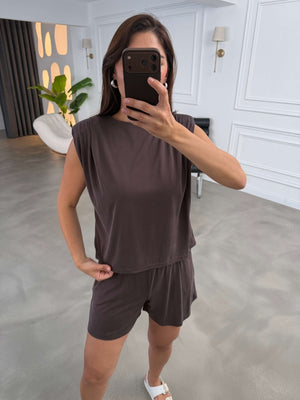 Kahve Vatkalı Şortlu Takım 2494-Kahve