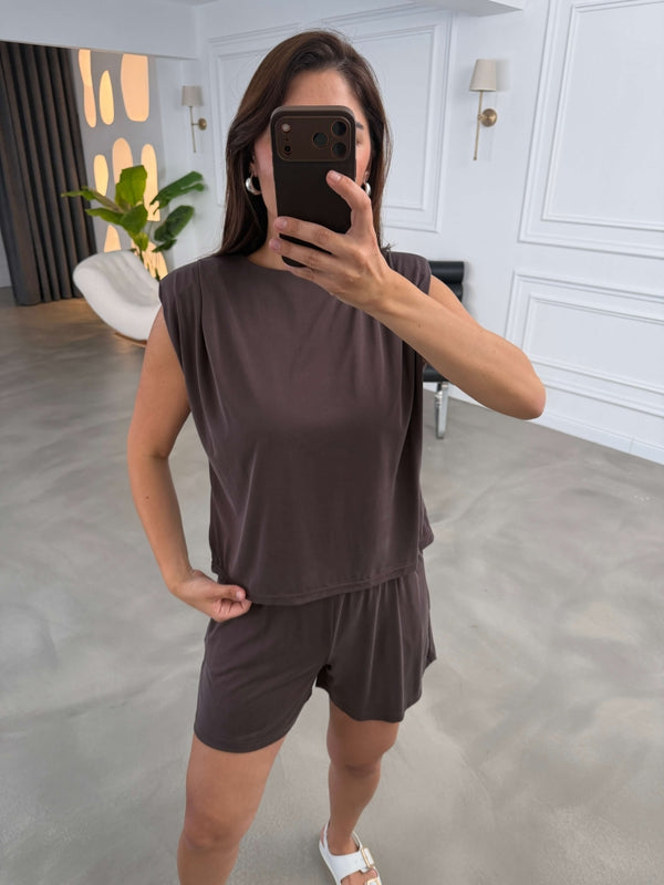 Kahve Vatkalı Şortlu Takım 2494-Kahve