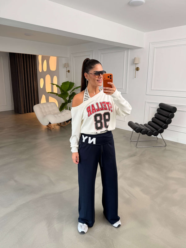 Beyaz Atlet Detaylı Kayık Yaka Sweat 12614-Beyaz