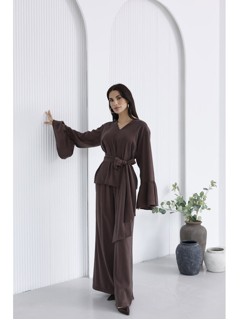 Kahverengi Kolları Volanlı Bel Bağlamalı Takım 0812-Kahverengi