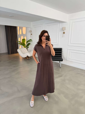 Kahve Polo Yaka Biyeli Modal Elbise 2393-Kahve