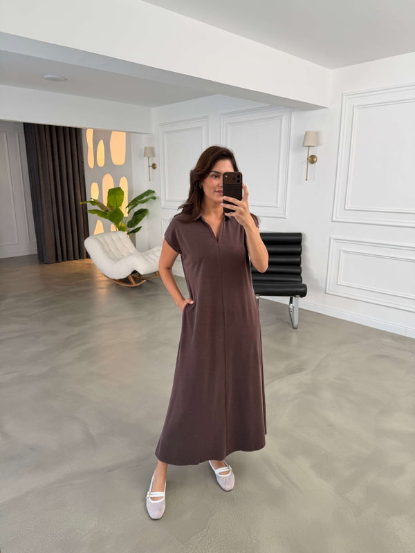 Kahve Polo Yaka Biyeli Modal Elbise 2393-Kahve