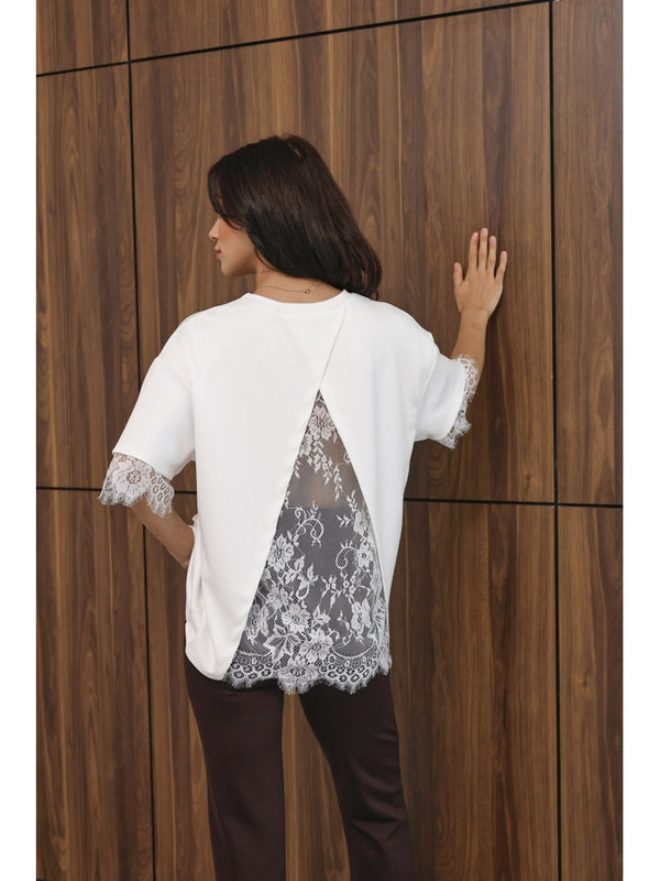 Beyaz Sırtı Dantelli Tshirt 1073-Beyaz