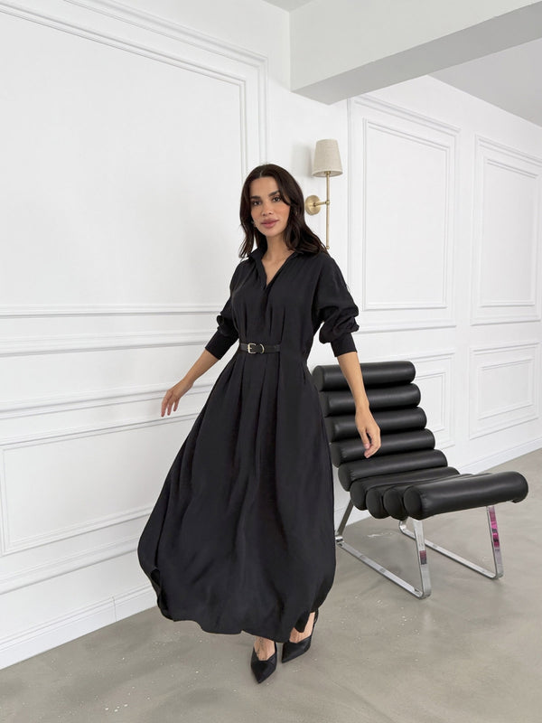 Siyah Kendinden Kemerli Tensel Elbise 3397-Siyah