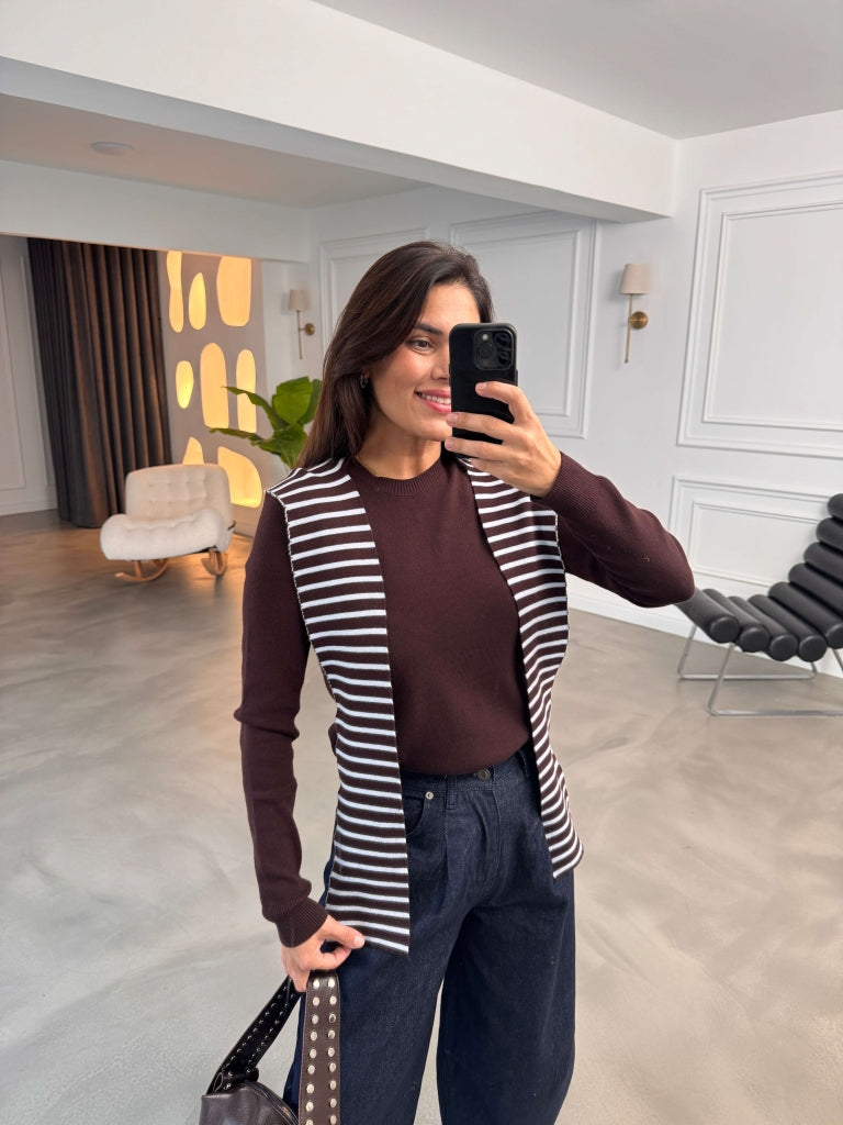 Kahverengi Çizgili Şal Detaylı Triko Bluz 002738-Kahverengi