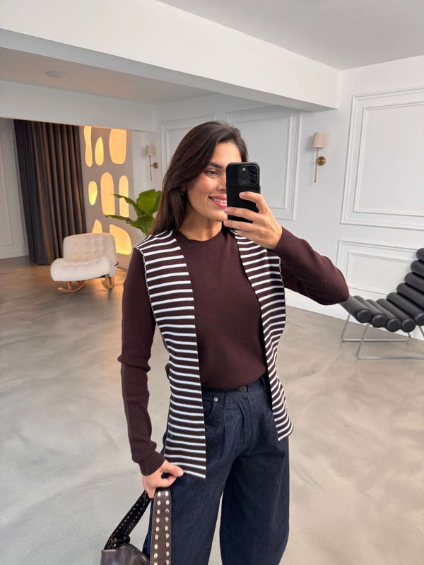 Kahverengi Çizgili Şal Detaylı Triko Bluz 002738-Kahverengi