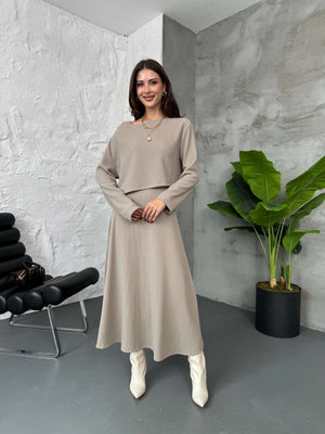 Vizon Bluzlu Elbise İkili Takım 7634-Vizon