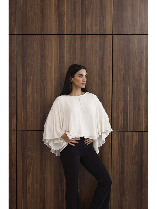 Ekru Pelerinli Bluz 5044-Ekru