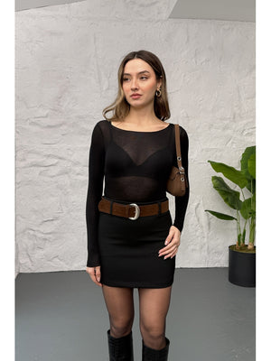 Siyah Süet Kemerli Mini Etek 251114-Siyah