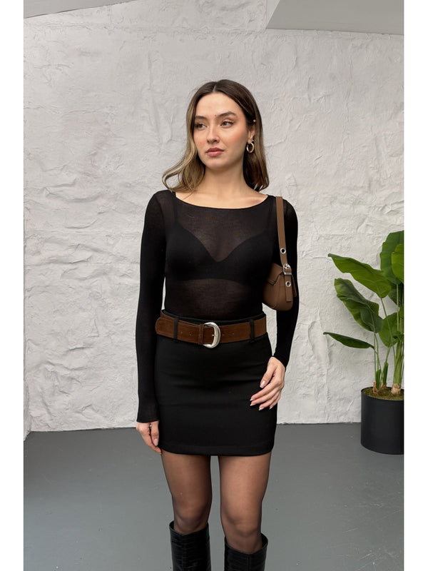 Siyah Süet Kemerli Mini Etek 251114-Siyah