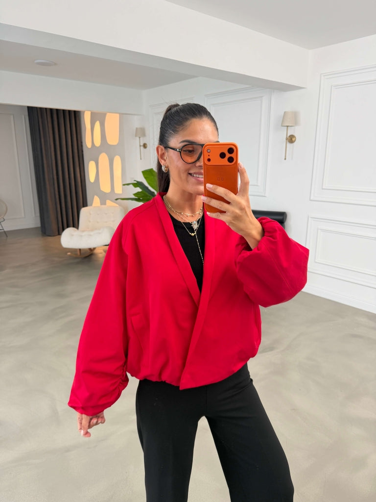 Kırmızı Kolları Lastikli Oversize Kısa Trenç 9760-Kırmızı