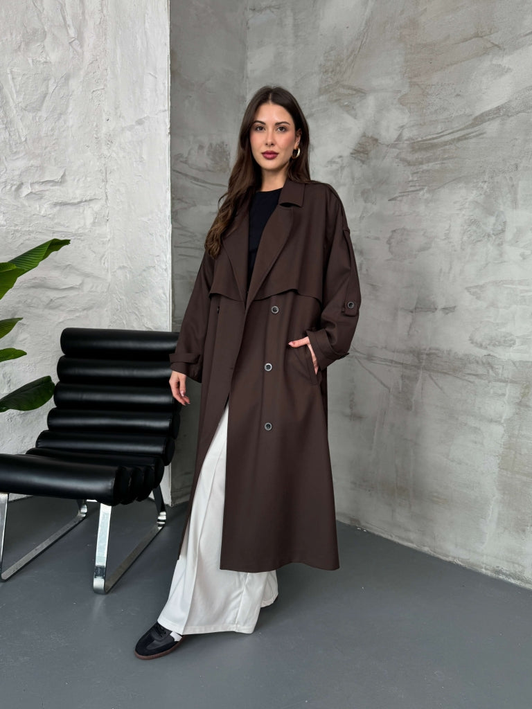 Acı Kahve Kruvaze Detaylı Oversize Trençkot