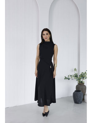 Siyah Toka Detaylı Yırtmaçlı Elbise 0805-SİYAH
