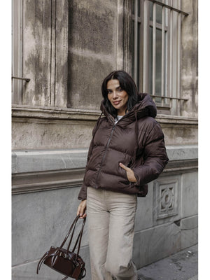 Kahverengi Fermuarlı Şişme Mont 2059-Kahverengi