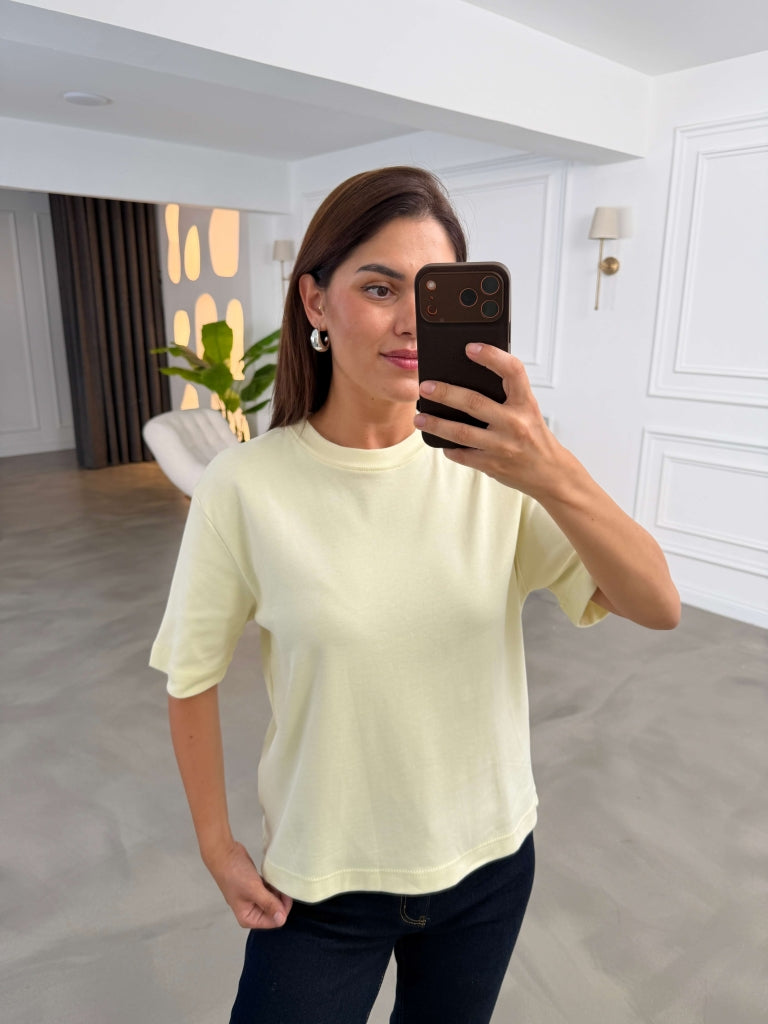 Sarı Bisiklet Yaka Basıc Tshirt 6597-Sarı