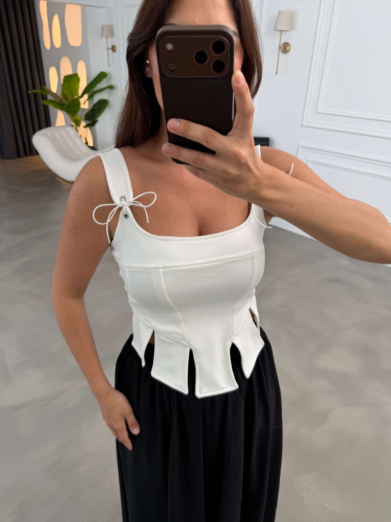 Ekru Fermuarlı Tasarım Crop 1112-Ekru
