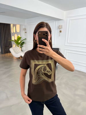 Kahverengi Desen Taşlı Tshirt 8717-Kahverengi