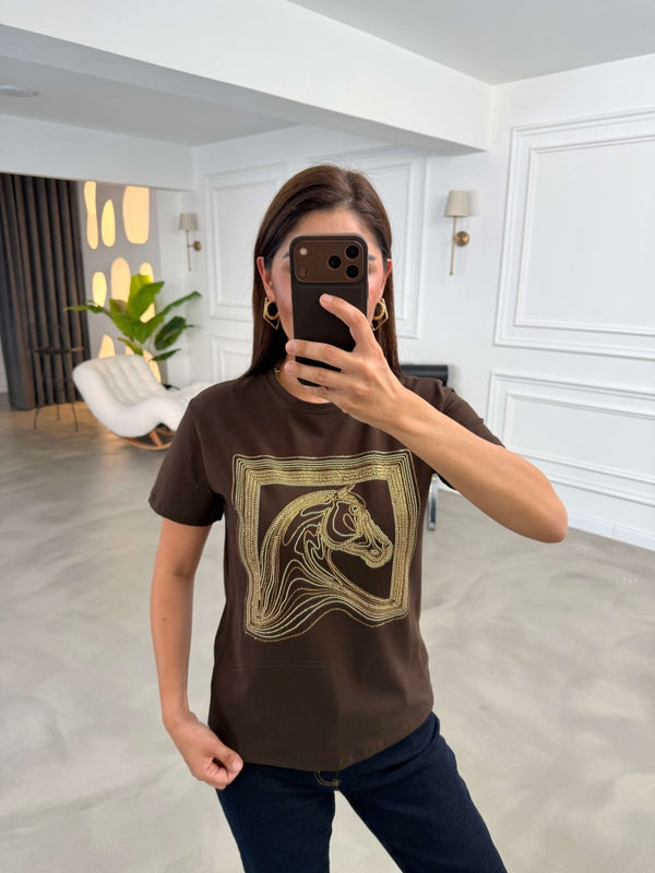 Kahverengi Desen Taşlı Tshirt 8717-Kahverengi