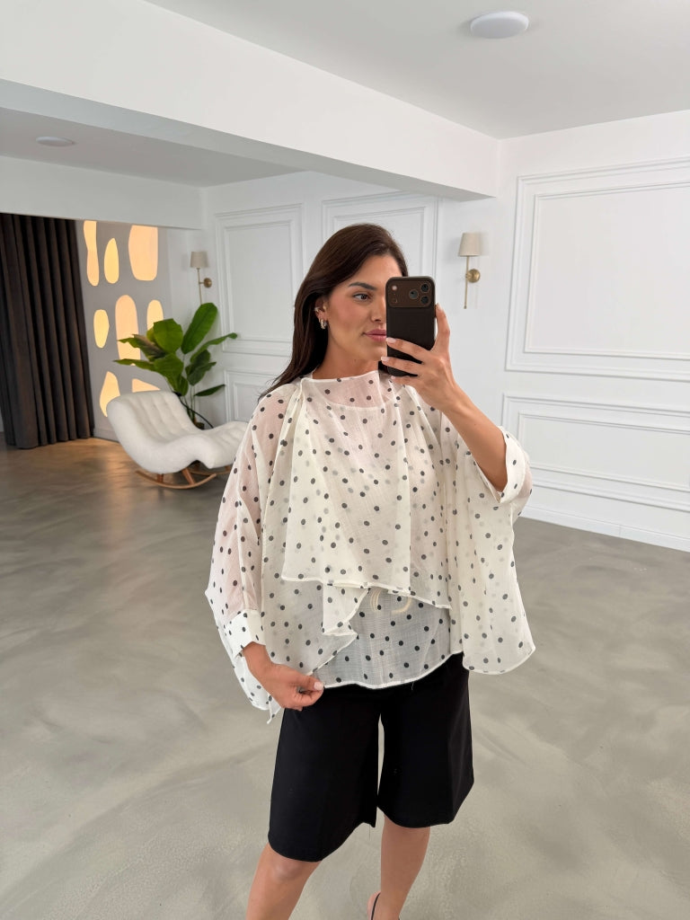 Beyaz Puantiyeli Tencel Pelerin Bluz EY5088-Beyaz