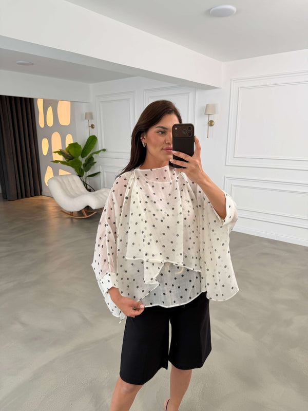 Beyaz Puantiyeli Tencel Pelerin Bluz EY5088-Beyaz