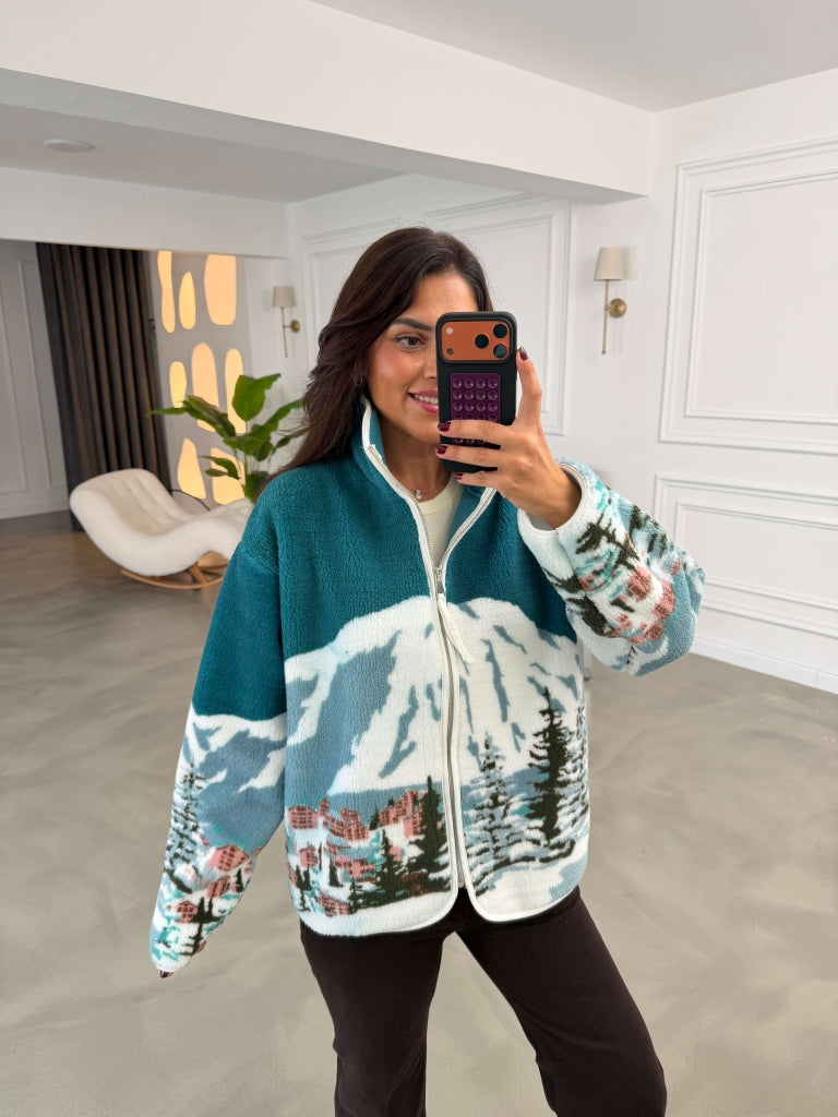 Yeşil Ön Fermuarlı Peluş Sweat 22889-Yeşil