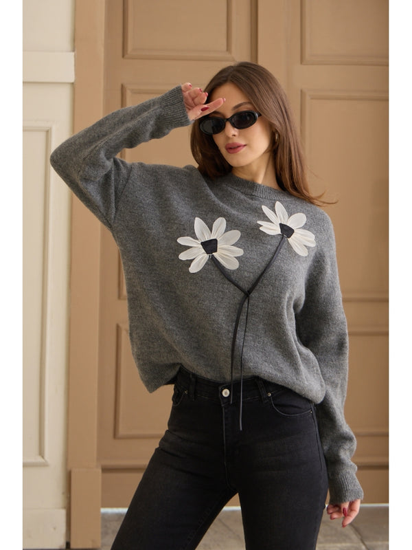 Gri Keten Çiçekli Oversize Kazak