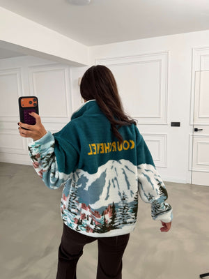 Yeşil Ön Fermuarlı Peluş Sweat 22889-Yeşil