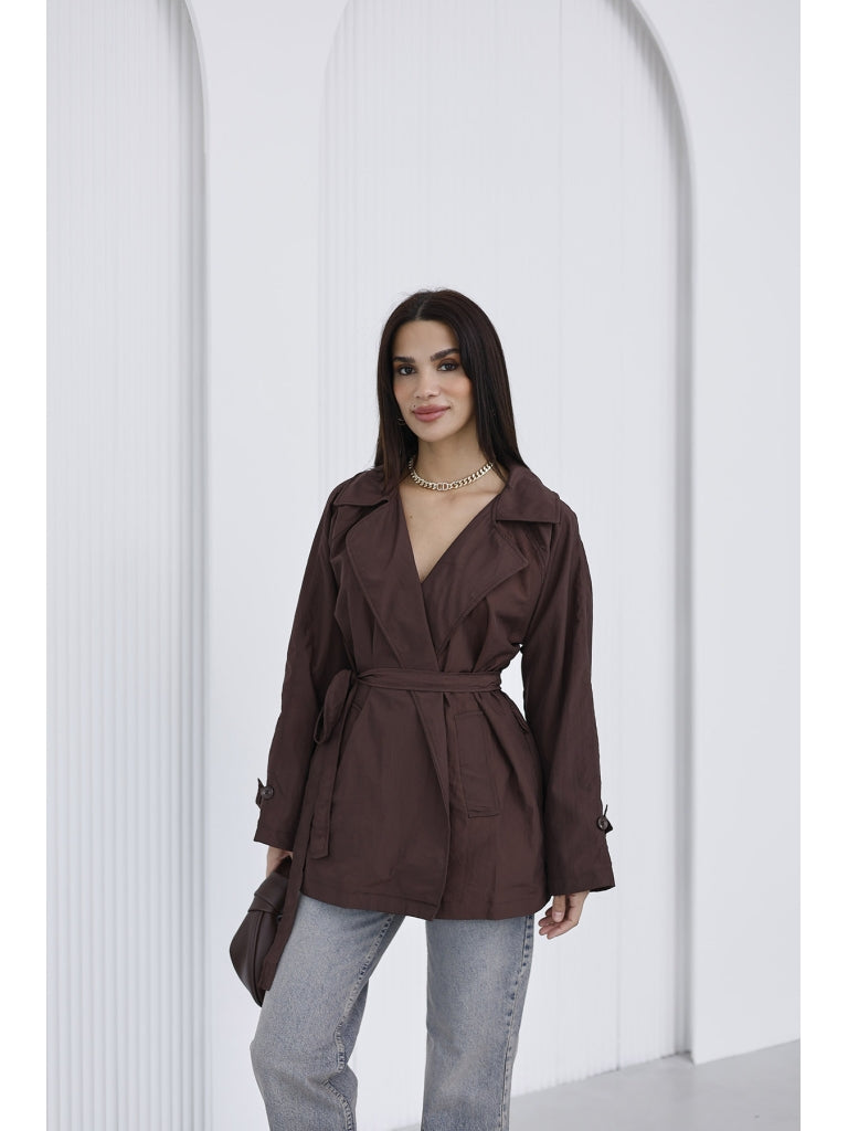 Kahverengi Salaş Kuşaklı Trençkot AK0008-Kahverengi