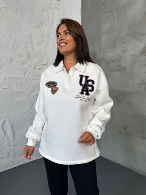 Beyaz Arma Nakışlı Polo Yaka Sweat