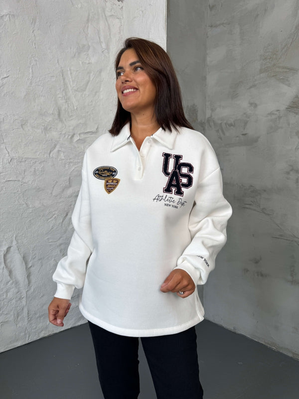 Beyaz Arma Nakışlı Polo Yaka Sweat