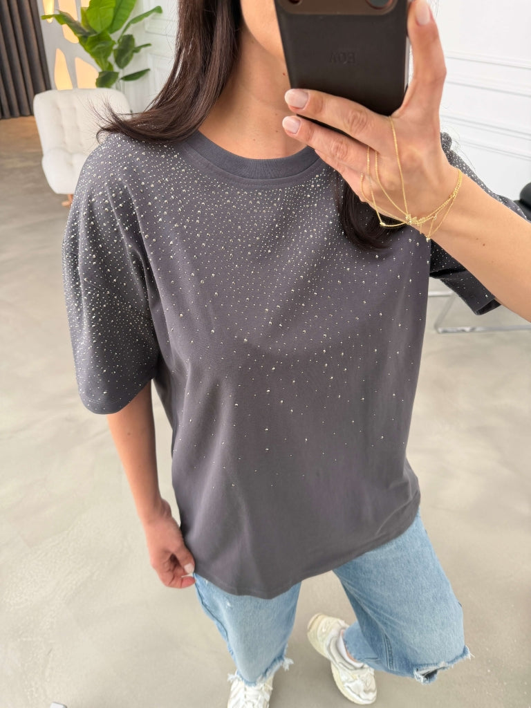 Antrasit Taş Baskılı Bisiklet Yaka Tshirt 6532-Antrasit