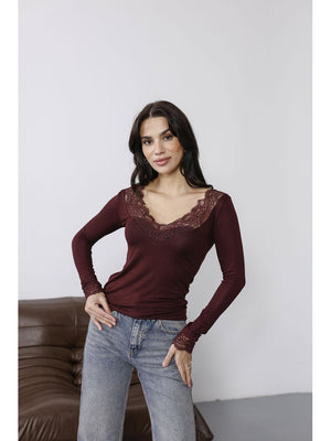 Bordo Yakası Dantelli Bluz 0407-Bordo