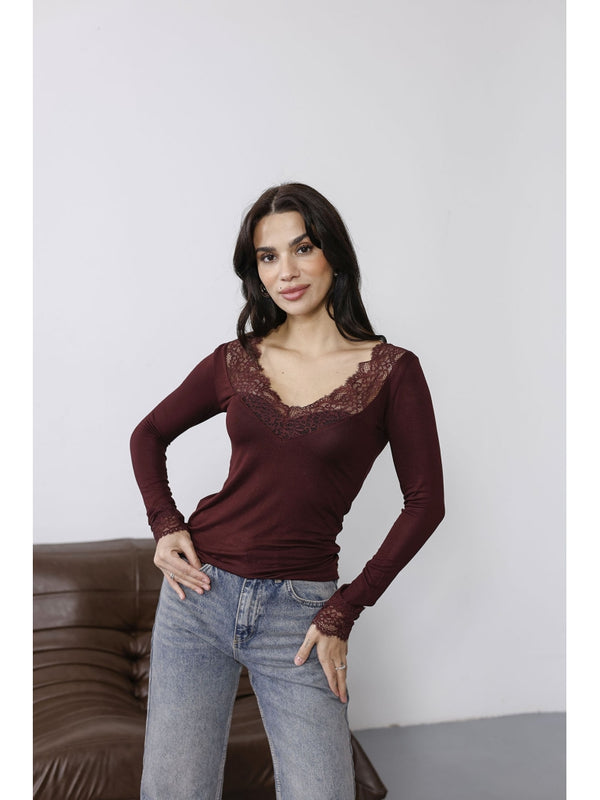 Bordo Yakası Dantelli Bluz 0407-Bordo