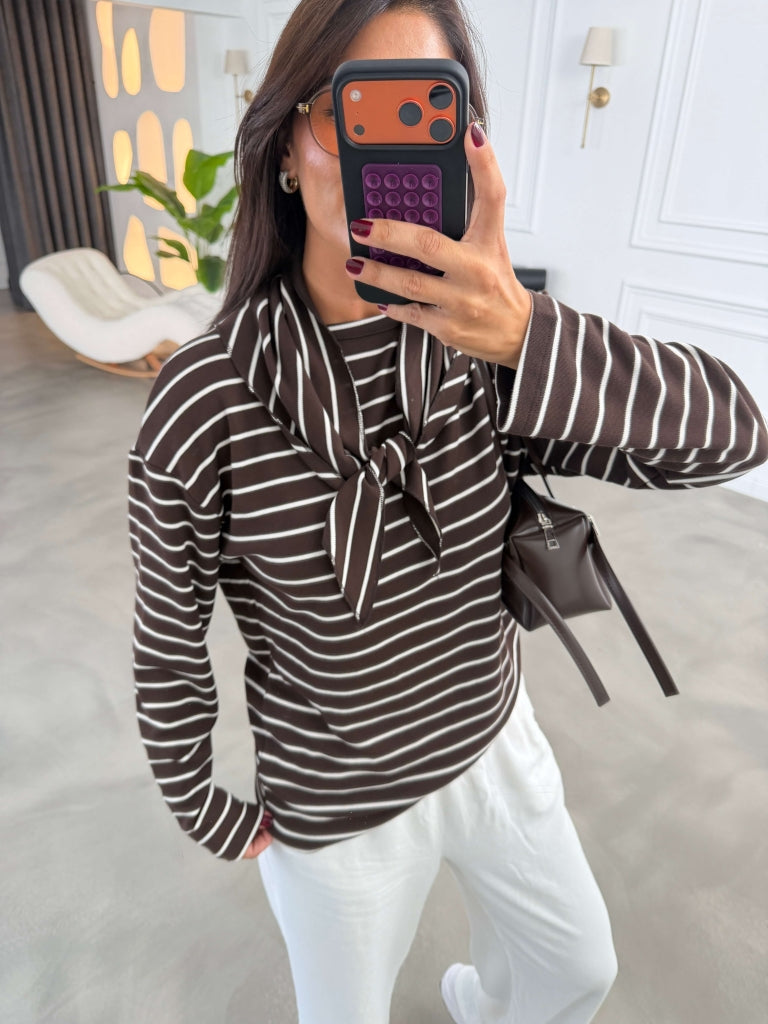 Kahverengi Çizgili Fularlı Sweatshirt 9037-Kahverengi