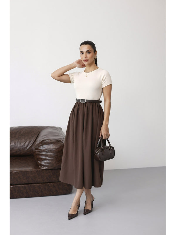 Kahve Kemerli Maxi Kısa Kollu Elbise 2017-Kahve
