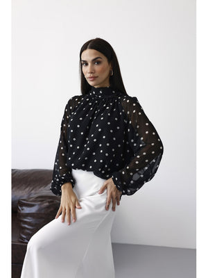 Siyah Puantiyeli Şifon Bluz 3219-Siyah