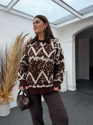 Kahve Jakarlı Yumuşak Oversize Triko Kazak 2559-KAHVE