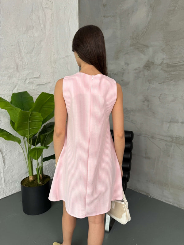 Pembe Çizgili Sıfır Kol Elbise