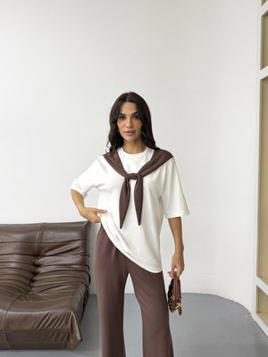 Kahve Fular Detaylı Pantolon Takım 4116-Kahve