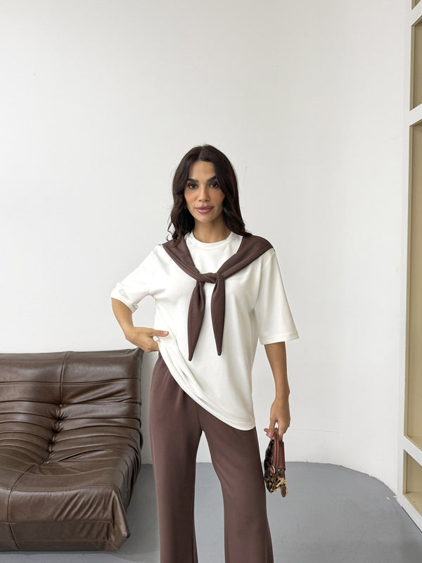 Kahve Fular Detaylı Pantolon Takım 4116-Kahve