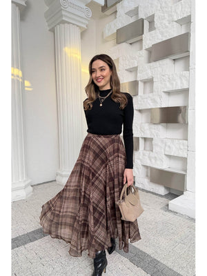 Kahverengi  Ekose Detaylı Şifon Etek 0613-Kahve