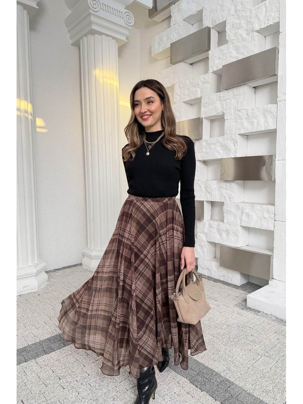 Kahverengi  Ekose Detaylı Şifon Etek 0613-Kahve