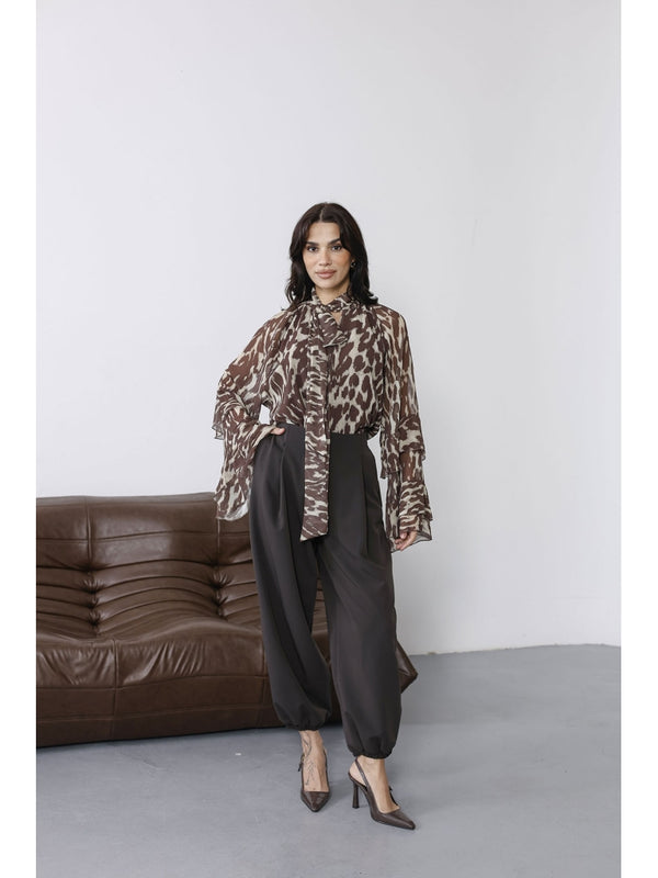 Kahve Leopar Desenli Şifon Bluz 5024-KAHVE