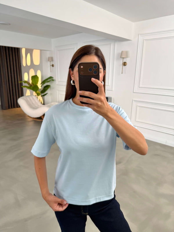 Bebe Mavi Bisiklet Yaka Basıc Tshirt 6597-Bebe Mavi