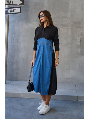 Siyah Jean Detaylı Gömlek Yaka Elbise 8132